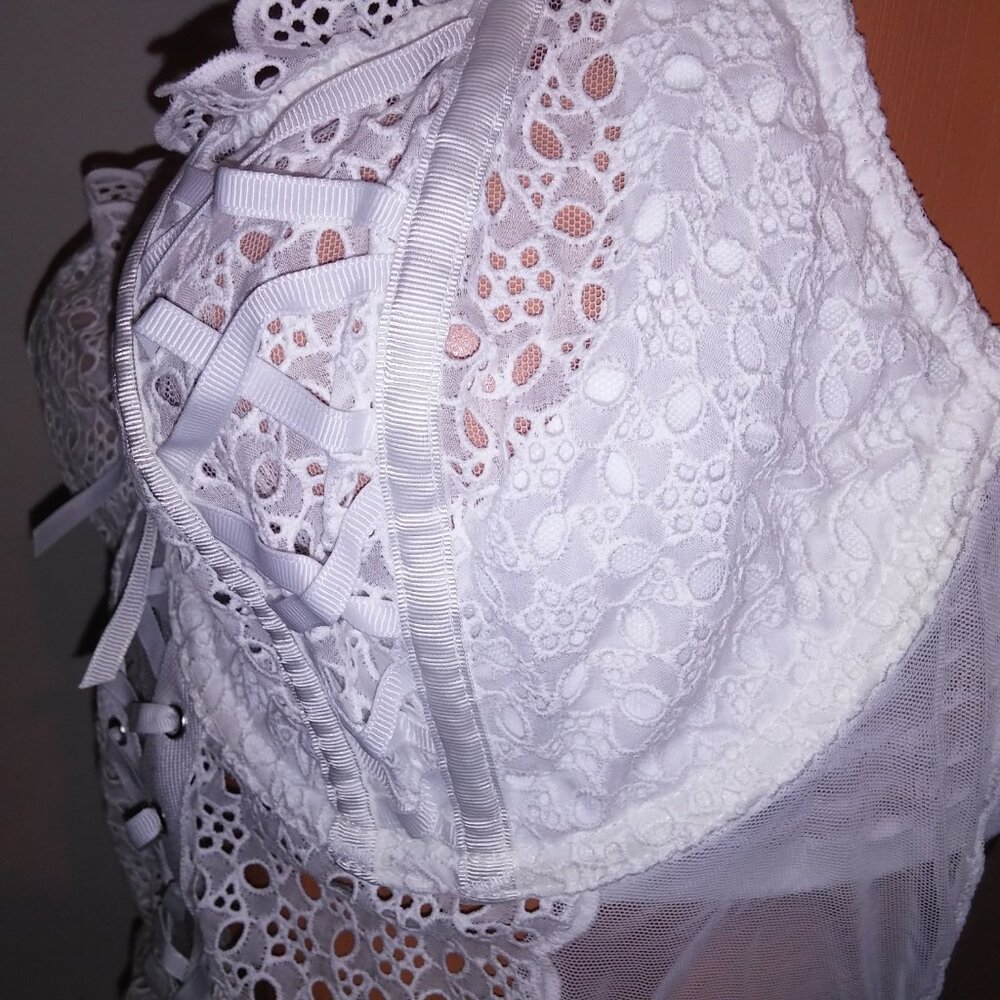Victoria Secret Lingerie Teddy One Piece Bodysuit White Eyelet Sheer Thong‎ Back - Picture 14 of 16